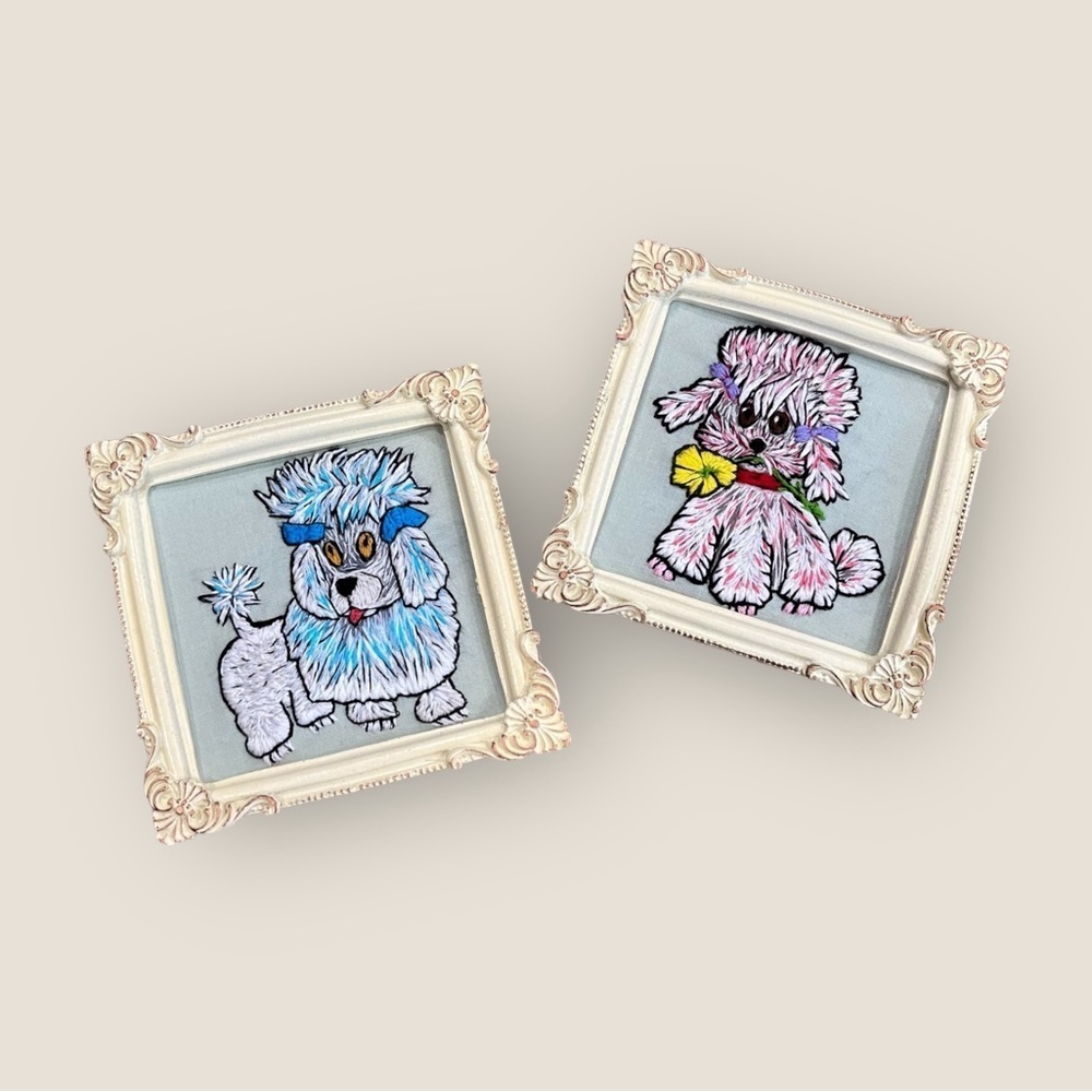Hand Embroidery wall Art Set of two dog lover Poodles with retro cottage
